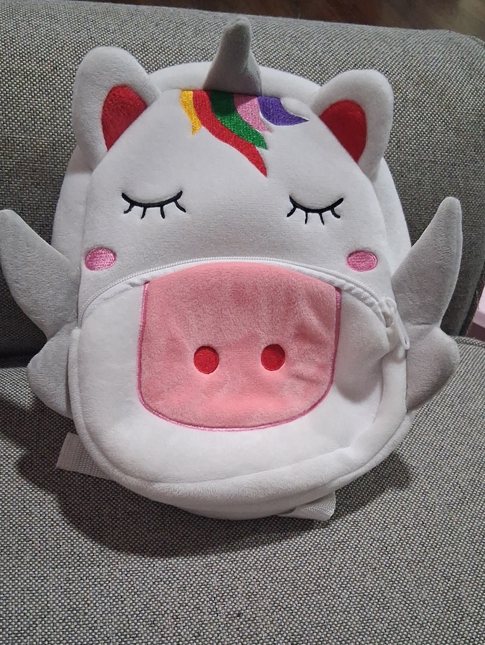 Akoo Plush Unicorn Kids Backpack - White, Pink, Gray with Rainbow Mane